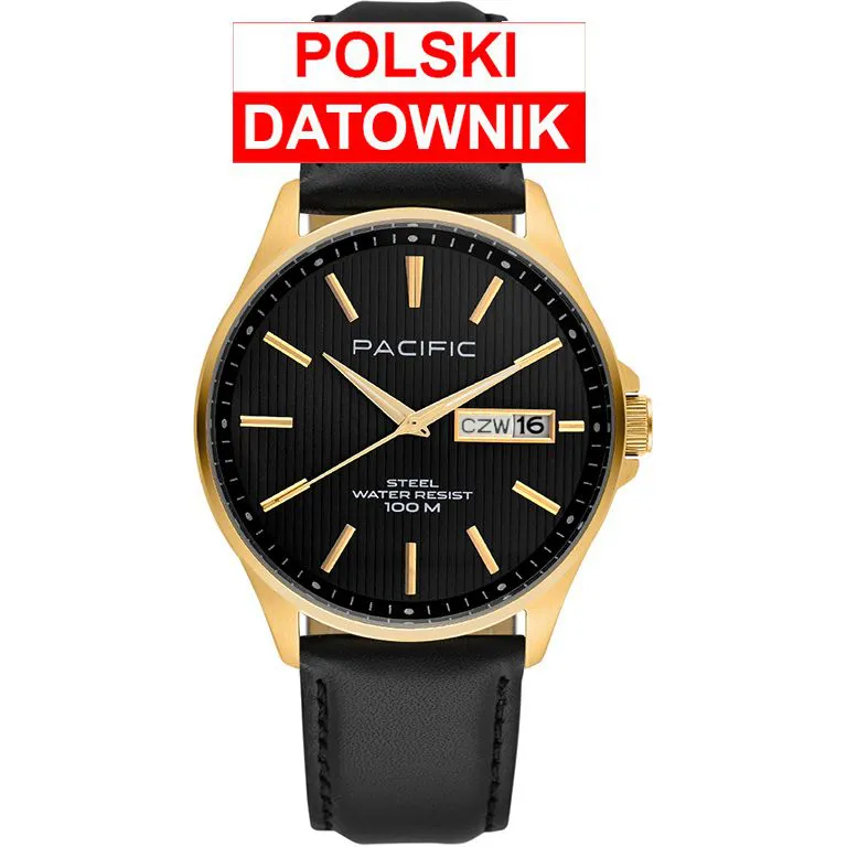 Pacific SMA-1075D-07 złoty męski zegarek z polskim datownikiem i wodoszczelnością 100M