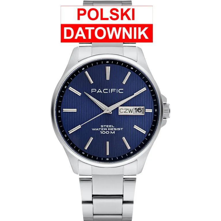 Pacific SMB-1075D-03 niebieski męski zegarek z polskim datownikiem i wodoszczelnością 100M