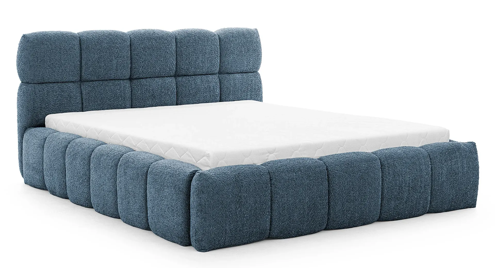 Niebieskie łóżko tapicerowane boucle 5 rozmiarów - Mellario