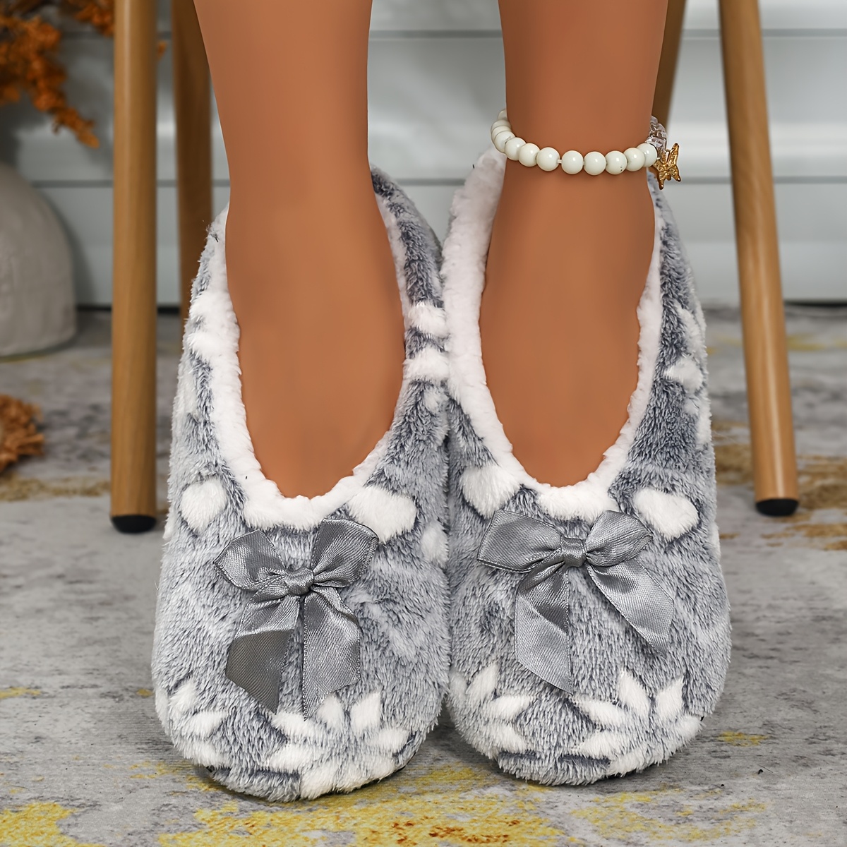 TEMU Damskie Zimowe Kapcie z Pluszem na Zamek z Kokardką i Wzorem /Płatka Śniegu – Miękkie Różowe/Białe/Szare Buty Domowe, Antypoślizgowa Podeszwa,