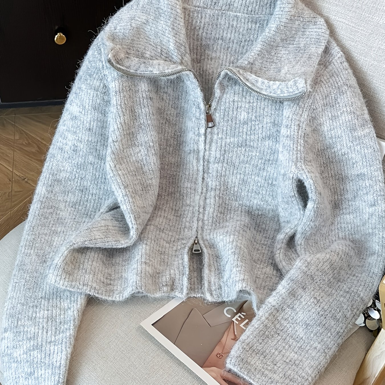 TEMU Elegancki damski kardigan z kołnierzykiem - miękki sweter zapinany na zamek, długi rękaw, casualowy, szykowny dodatek na jesień/zimę