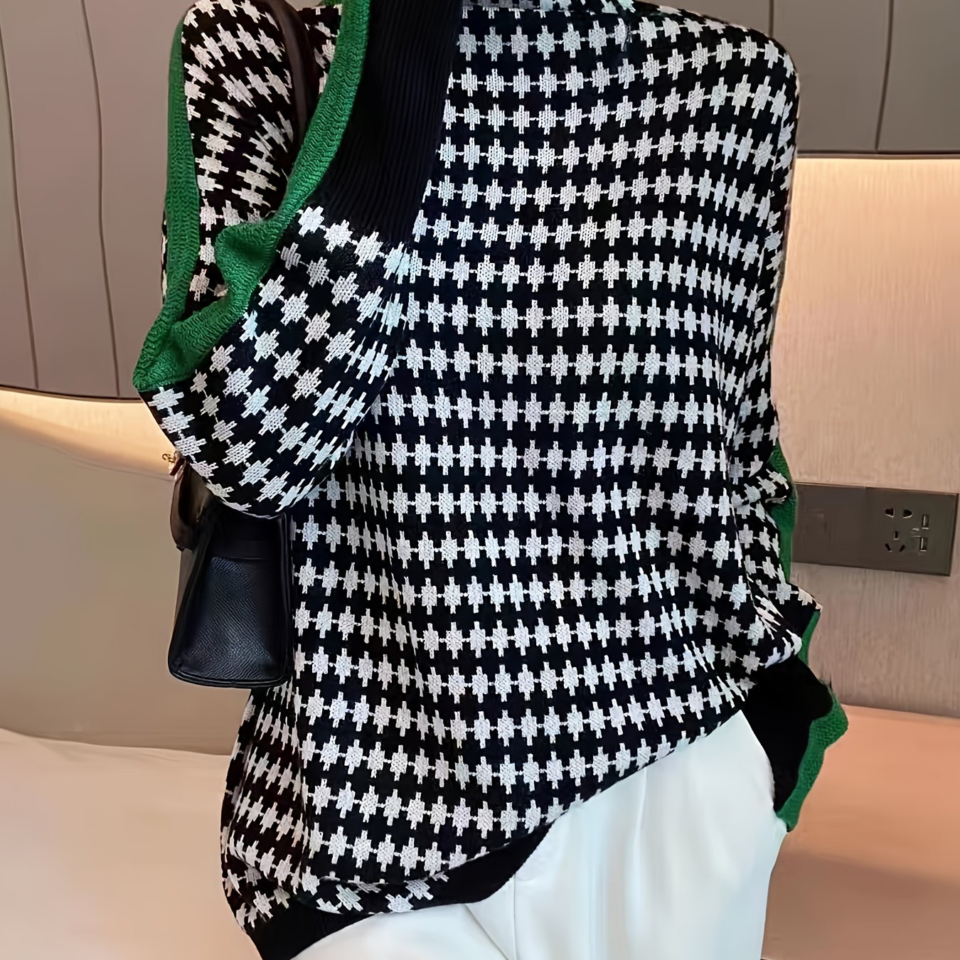 TEMU Elegancki Sweter Damski w Pepitkę z Wysokim Kołnierzem - Czarno-Biały ze Zielonym Kontrastem, Rozciągliwy Pulower na Jesień i Zagięcie Regularne
