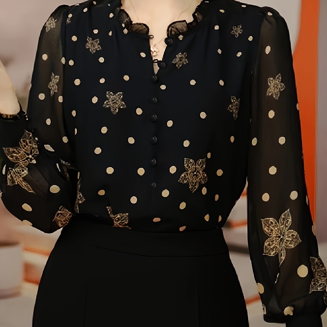 TEMU Bluzka Damska z Kwiatowym Nadrukiem - Elegancka Koszula Biurowa i na Imprezę z Guzikami, Lekki Nieprześwitujący Materiał do Formalnych Wydarzeń,