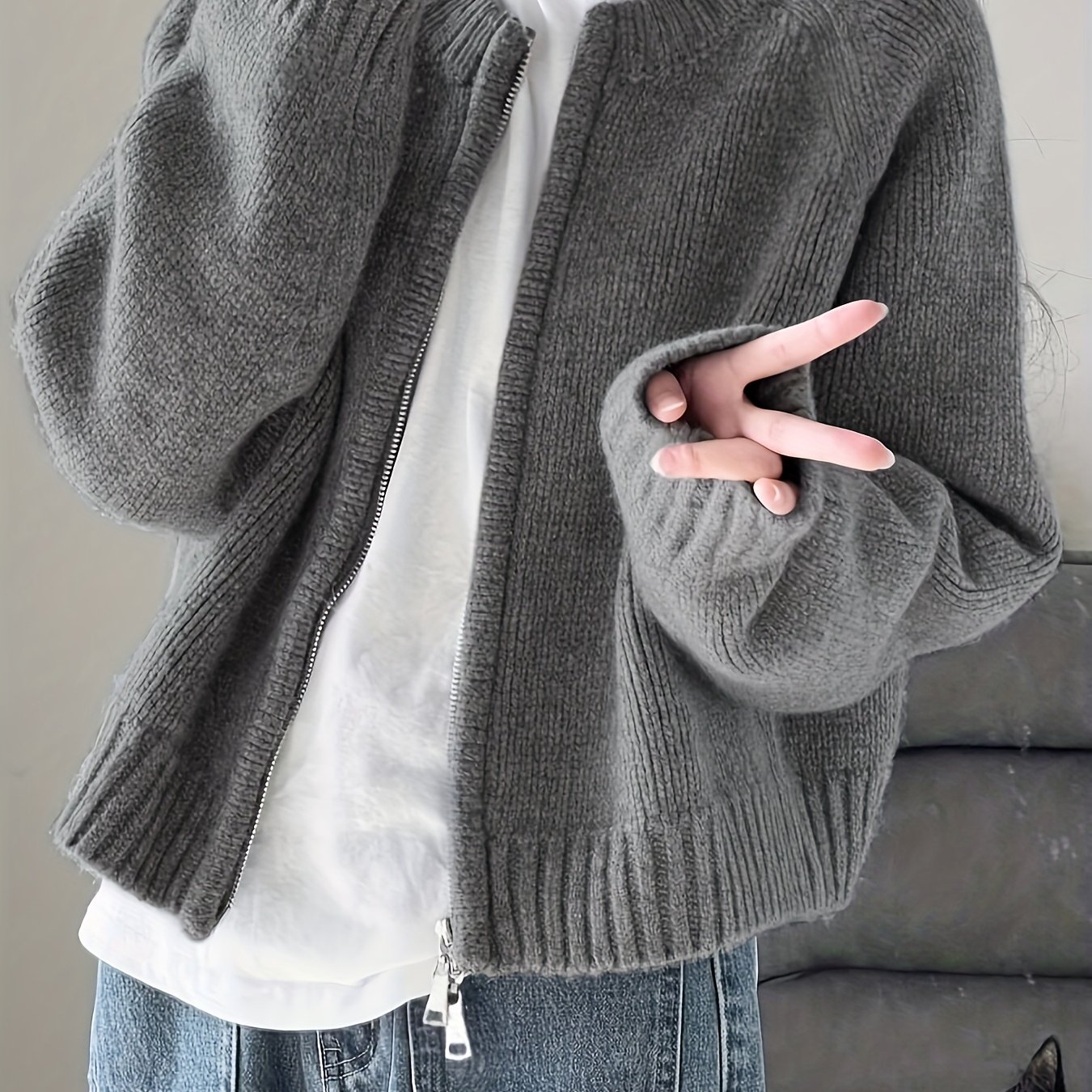 TEMU Kardigan Damski Elegancki na Zamek - Stylowy Sweter z Grubym, Ciepłym Zamkiem Błyskawicznym dla Krótkich Kobiet, Warstwowy Element w Neutralnych