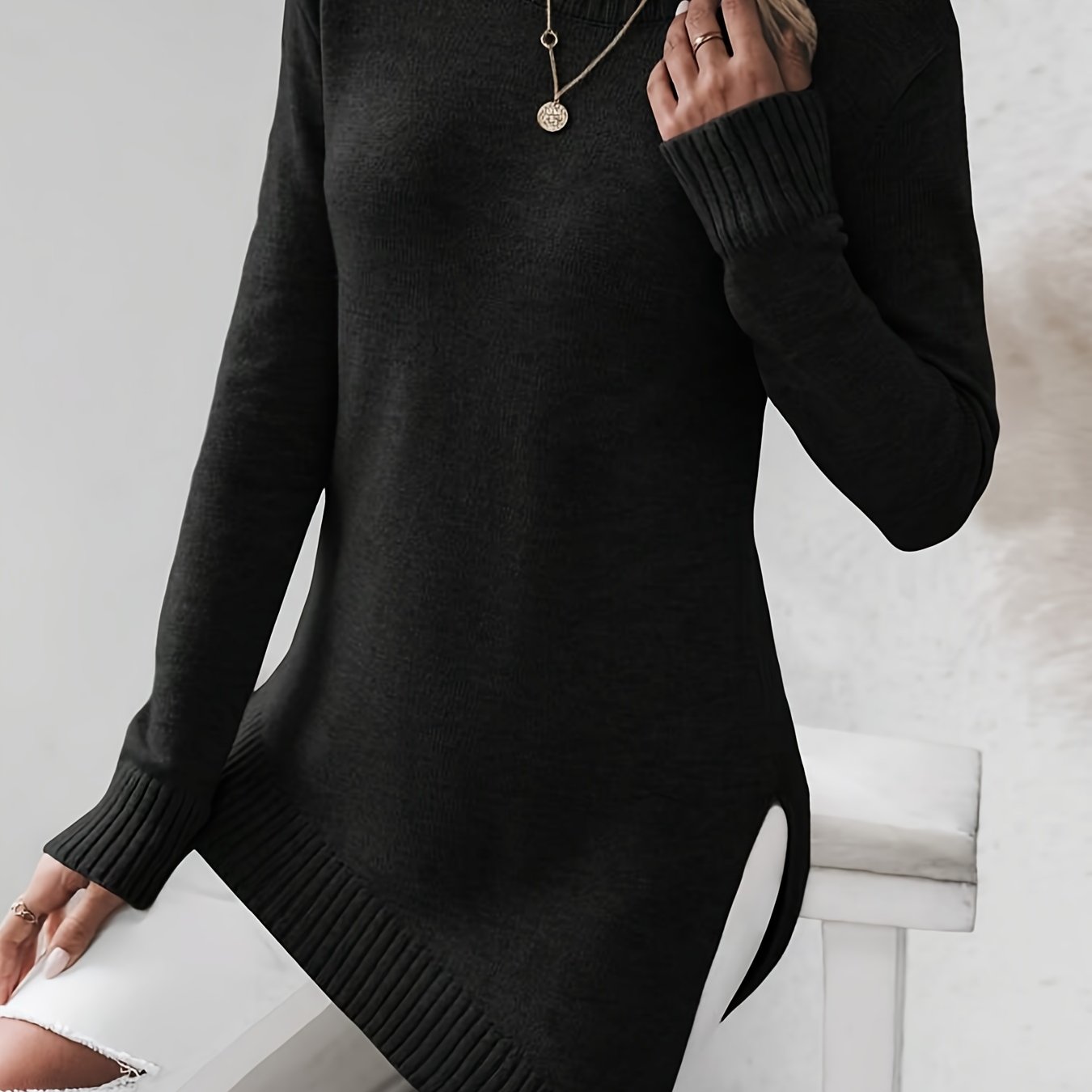 TEMU Sweter Damski z Asymetrycznym Rozcięciem - Elegancki Sweter Zimowy z Okrągłym Dekoltem i Długimi Rękawami, Uniwersalny na Styl Casual i