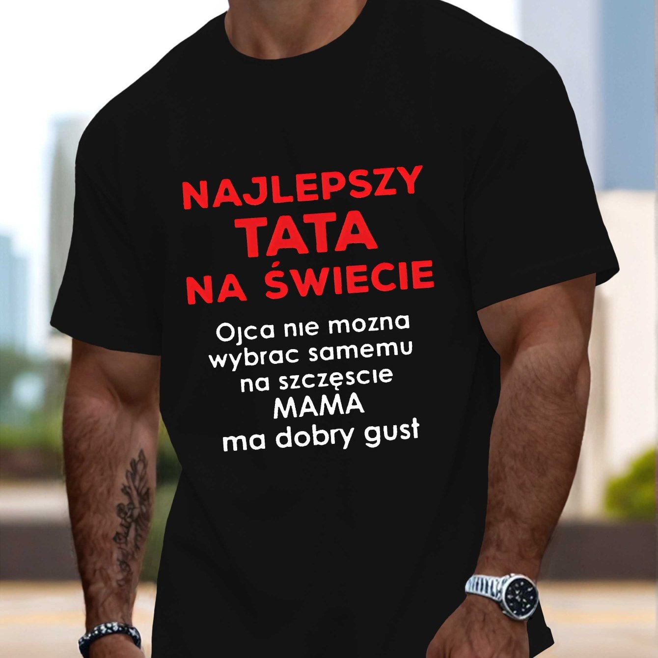 TEMU Zabawny Prezent na Dzień Ojca - Męska Koszulka z Krótkim Rękawem z Humorystycznym Polskim Napisem, Czarno-Czerwony Nadruk, Lekki Letni T-Shirt z