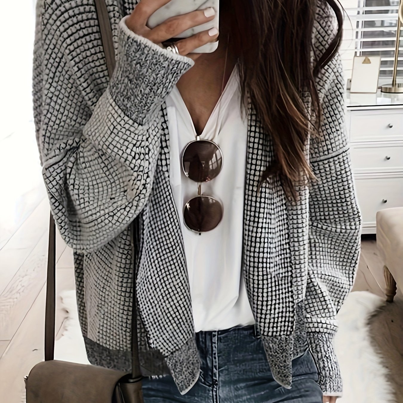 TEMU Damski Kardigan w Pepitkę i Kratę - Gruby Zimowy Płaszcz z Kołnierzem, Czarny/Biały/Beżowy/Brązowy z Chwostami, Casualowa Marynarka na Jesień i