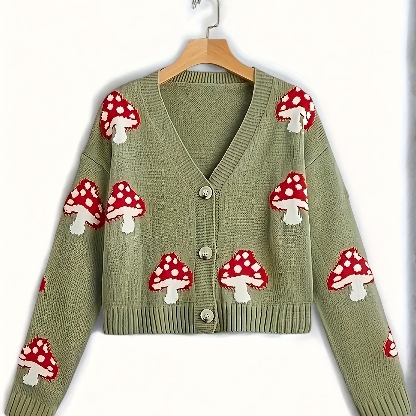 TEMU Sweter z Wzorem Grzybów, Dekolt w Serek, Długi Rękaw, Casual dla Kobiet