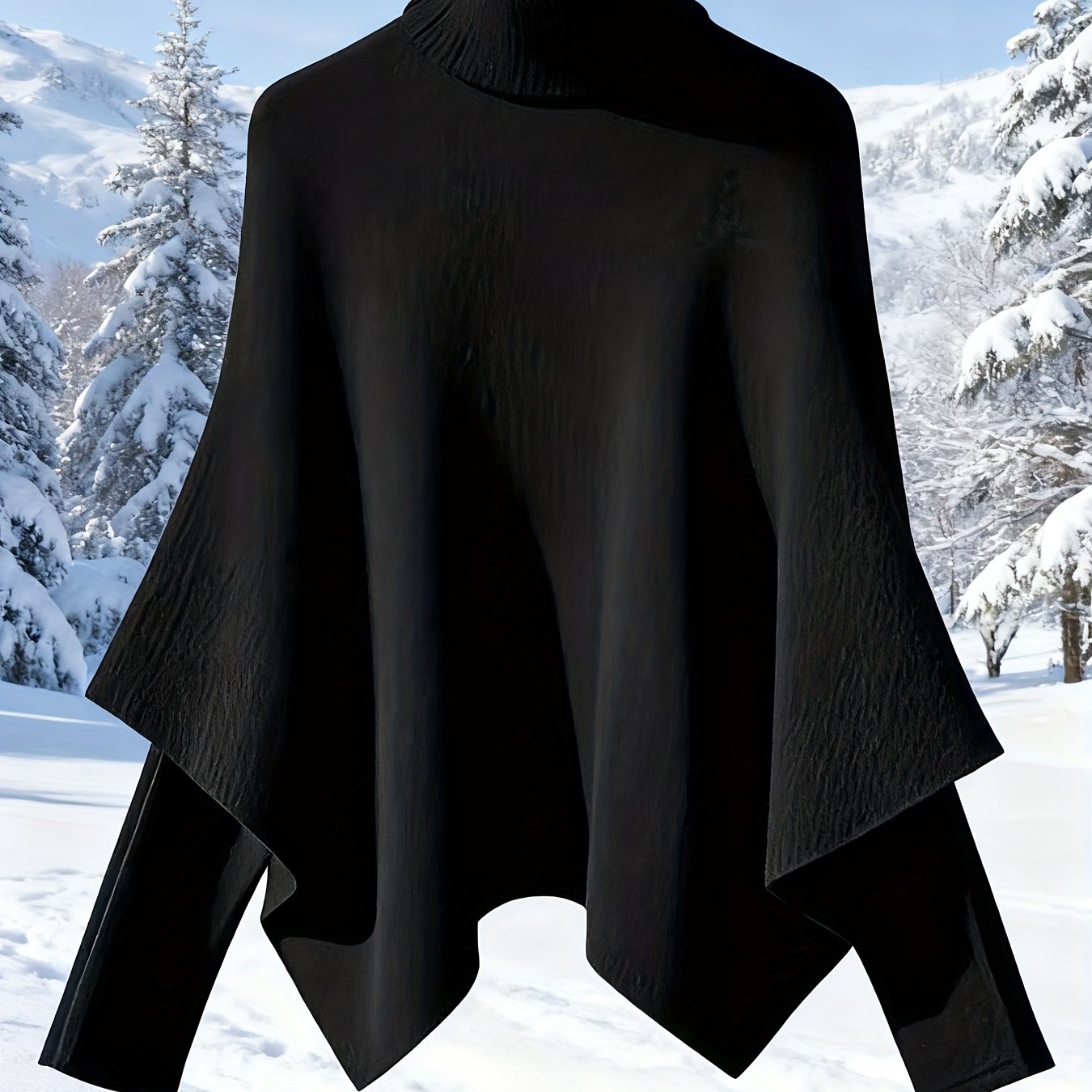 TEMU Retro Czarny Sweter Golfowy - Miękki i Ciepły Płaszcz z Rękawami Nietoperz, Kurtka-Jakiet na Zimę, Dopasowany Krój A-Line z Klasycznym Wysokim