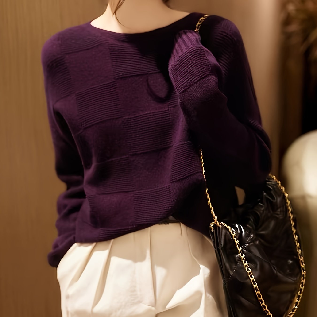 TEMU Sweter Damski - Elegancki Sweter z Okrągłym Dekoltem, Niezbędnik do Warstwowania na Każdą Porę Roku w Kolorach Głęboka