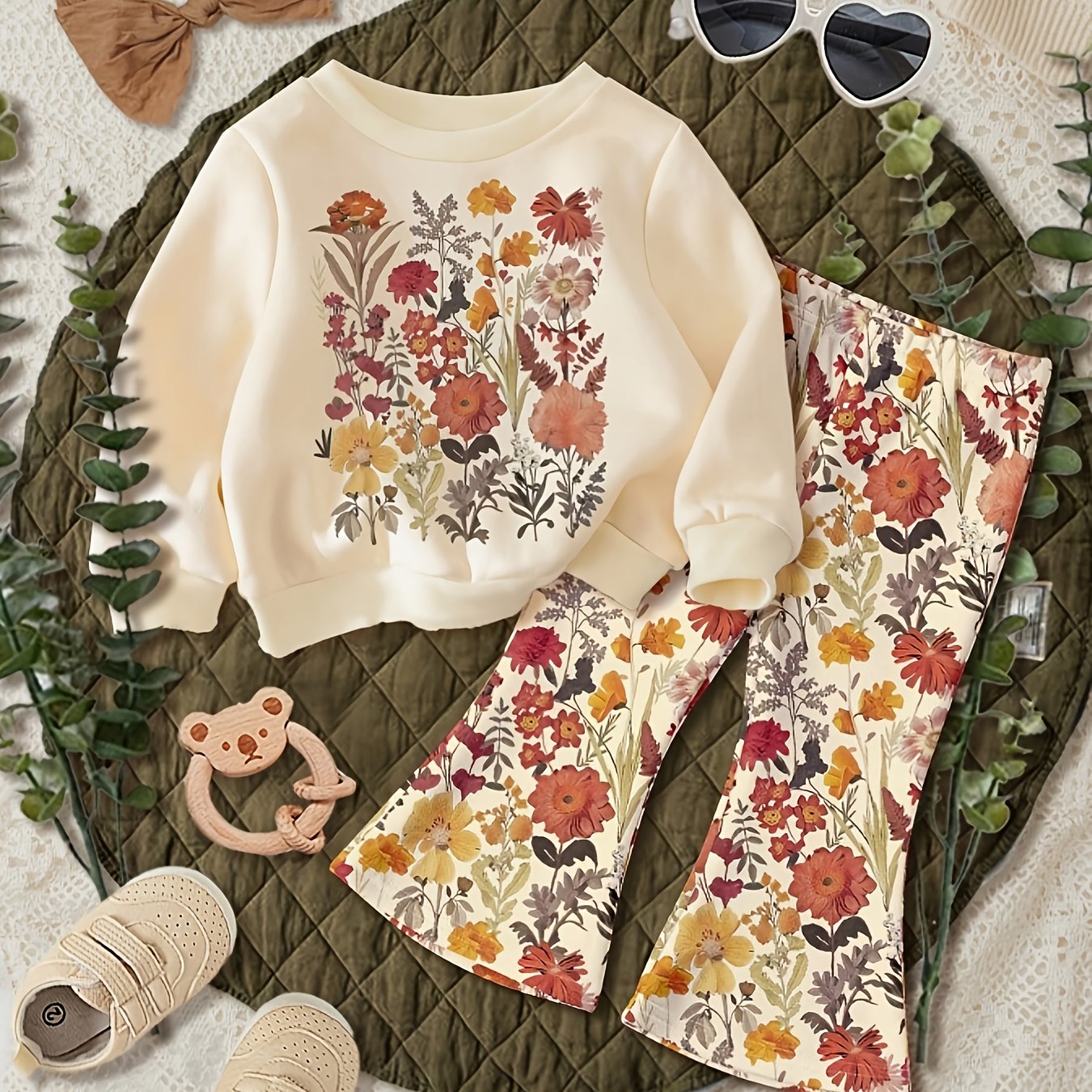 TEMU Jesienny i zimowy zestaw bluzy i spodni dla dziewczynek z kwiatowym nadrukiem, długie spodnie typu 