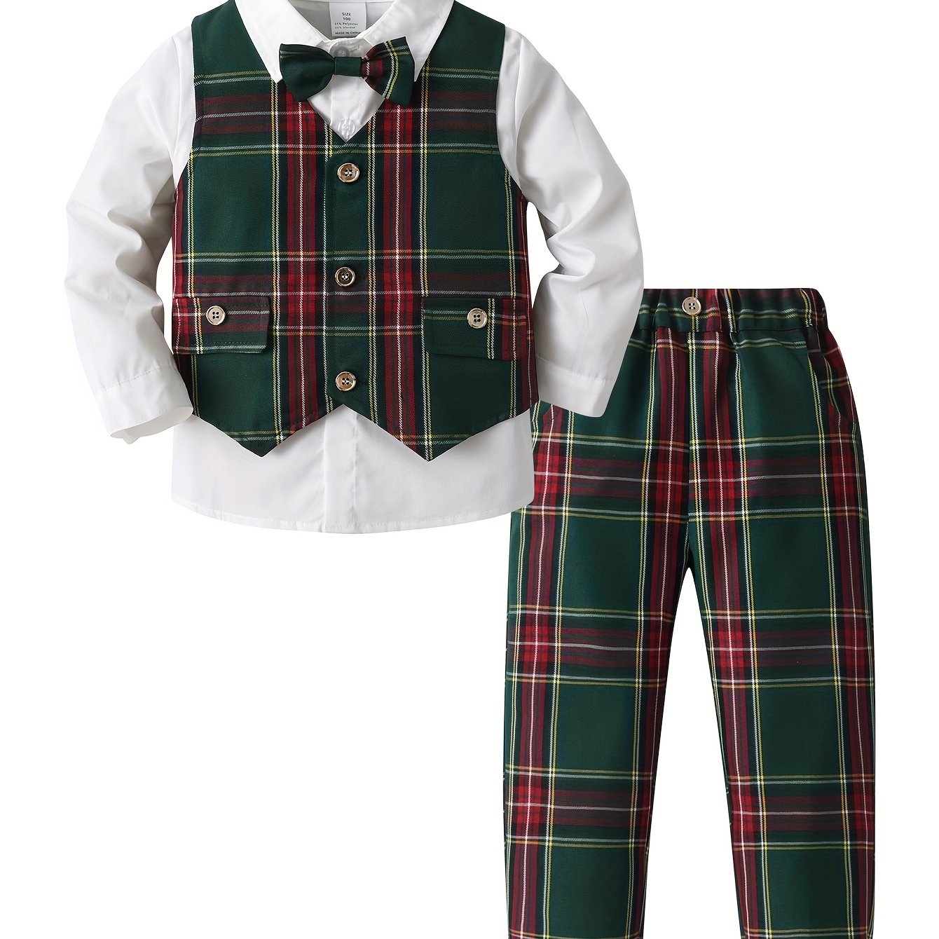TEMU Chłopięca odzież na Boże Narodzenie dla 1-rocznych, biała koszula, zielona kamizelka w kratę, spodnie, muszka, wieloczęściowy garnitur, impreza