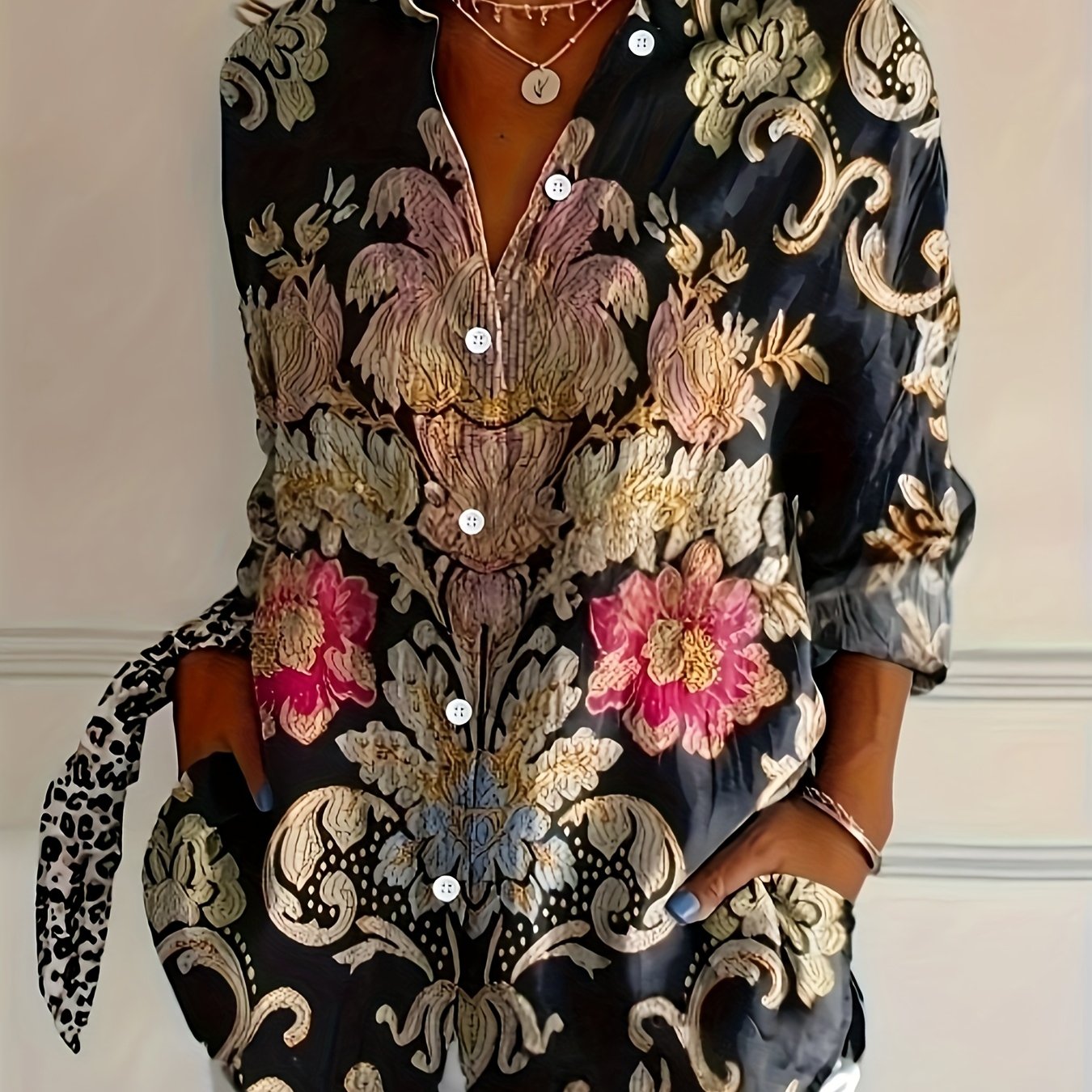 TEMU Bluzka Damska z Kwiatowym Nadrukiem - Długi Rękaw, z Żywej Różowej i Złotej Kwiatowej Dekoracją, Czarnym Tle, Idealna na Wiosnę i , Codzienna