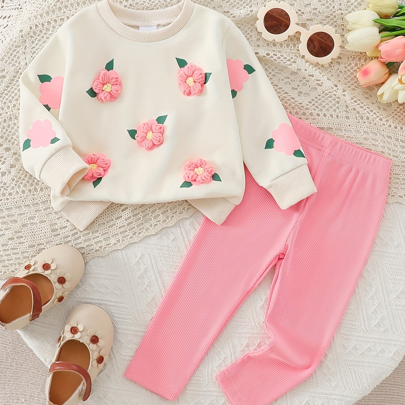 TEMU Sportowy dla Dziewczynek: Koszulka w Kwiaty i Spodnie z Dżerseju, Idealny na Zewnątrz