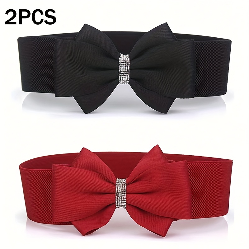 TEMU 2 szt. Eleganckie paski z kokardami - rozciągliwa tkanina, klasyczne czarne i czerwone kokardy z błyszczącymi kryształkami, idealne do ubierania