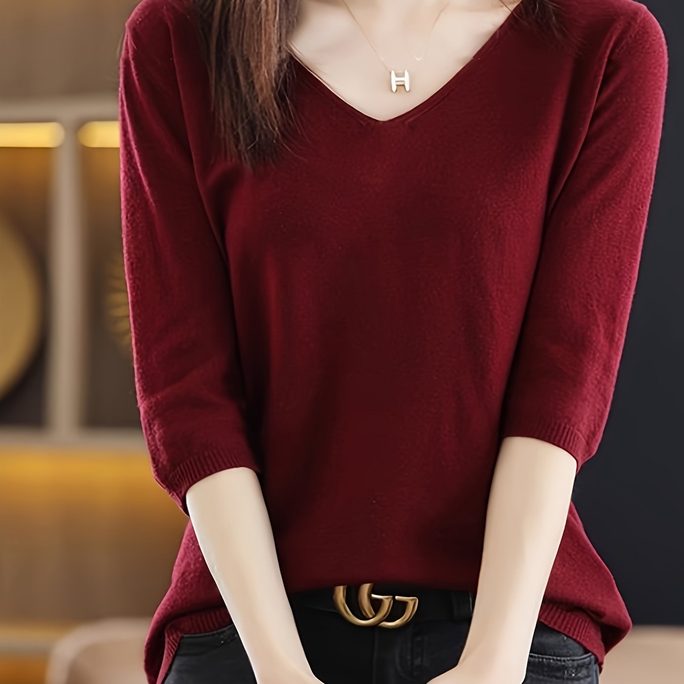 TEMU Wąska Bluzka z Dekoltem w Serek i Krótkim Rękawem - Burgundowa Czerwień, Lśniące Włókno, Odporna na Zagniecenia, Elegancka Koszula na Każdą Porę