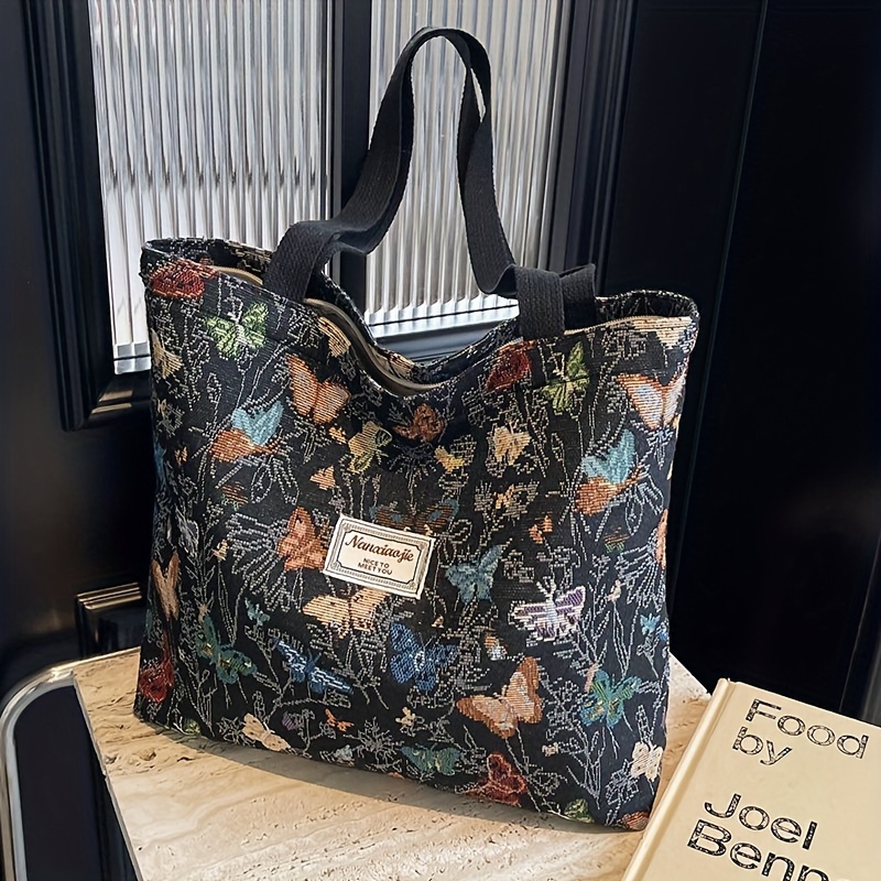 TEMU 1 szt. Duża Torebka Damska - Pojemna Torba na Jedno Ramię z Zamkiem, Żywy Nadruk Motyla na Jasnym Tle, Wytrzymała i Poliestrowa Podszewka do