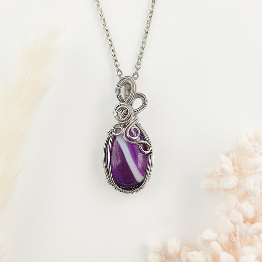Naszyjnik Agat Fioletowy stal chirurgiczna wisiorek handmade wirewrapping