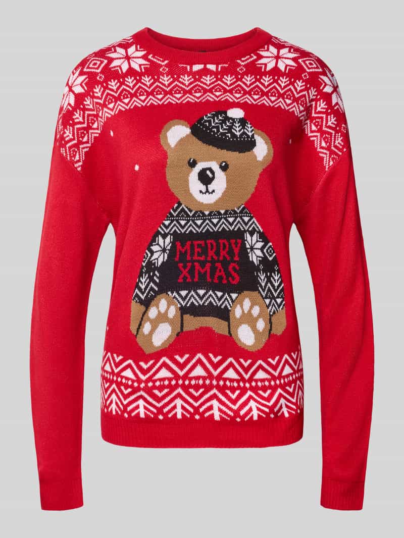 Sweter o kroju regular fit z dzianiny z motywem świątecznym model ‘TEDDY’