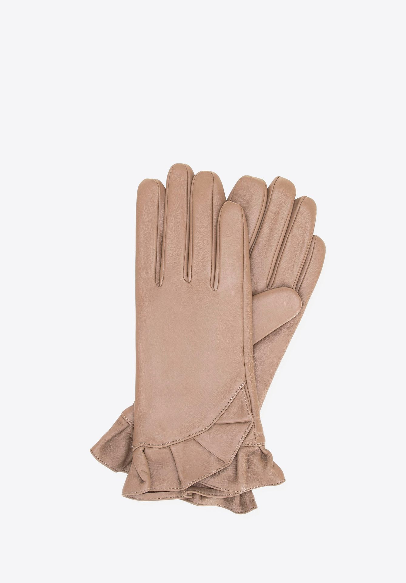 Damskie rękawiczki skórzane z dekoracyjną falbaną beżowe