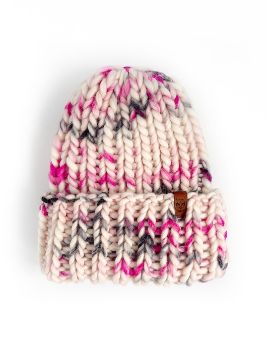 Czapka zimowa oversize z grubej wełny różowo szaro biała