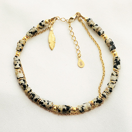 Bransoletka z kamieni, czarno biały jaspis,złote piórko