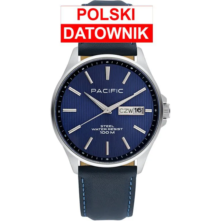 Pacific SMA-1075D-03 granatowy męski zegarek z polskim datownikiem i wodoszczelnością 100M