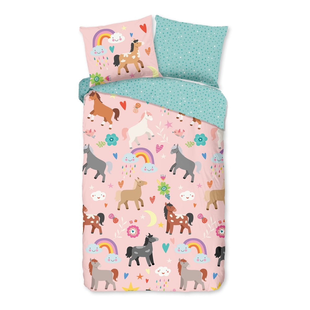 Różowo-turkusowa bawełniana pościel dziecięca jednoosobowa 140x220 cm Horses – Good Morning