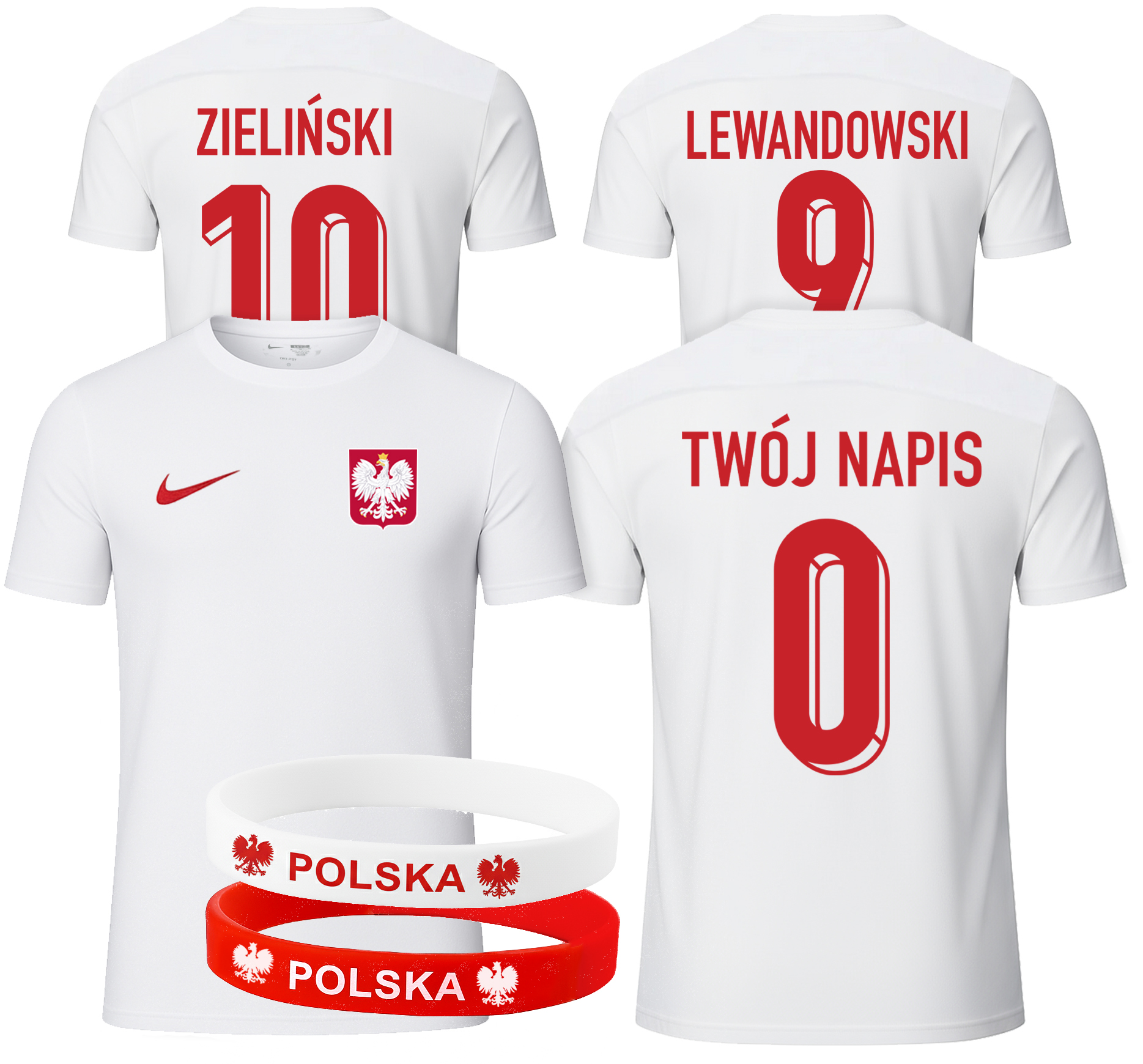 NIKE Koszulka Dziecięca Polska TWÓJ NAPIS LEWANDOWSKI 9 + Opaski