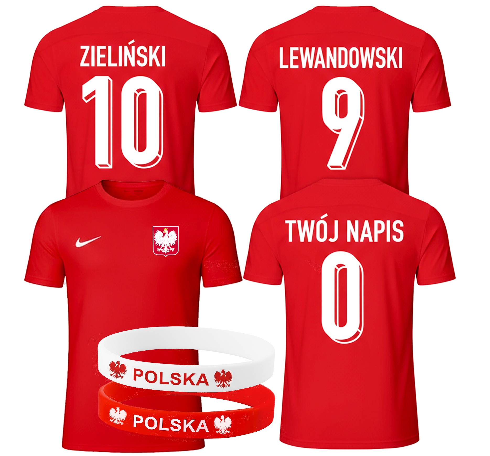 NIKE Koszulka Dziecięca Polska TWÓJ NAPIS LEWANDOWSKI 9 + Opaski