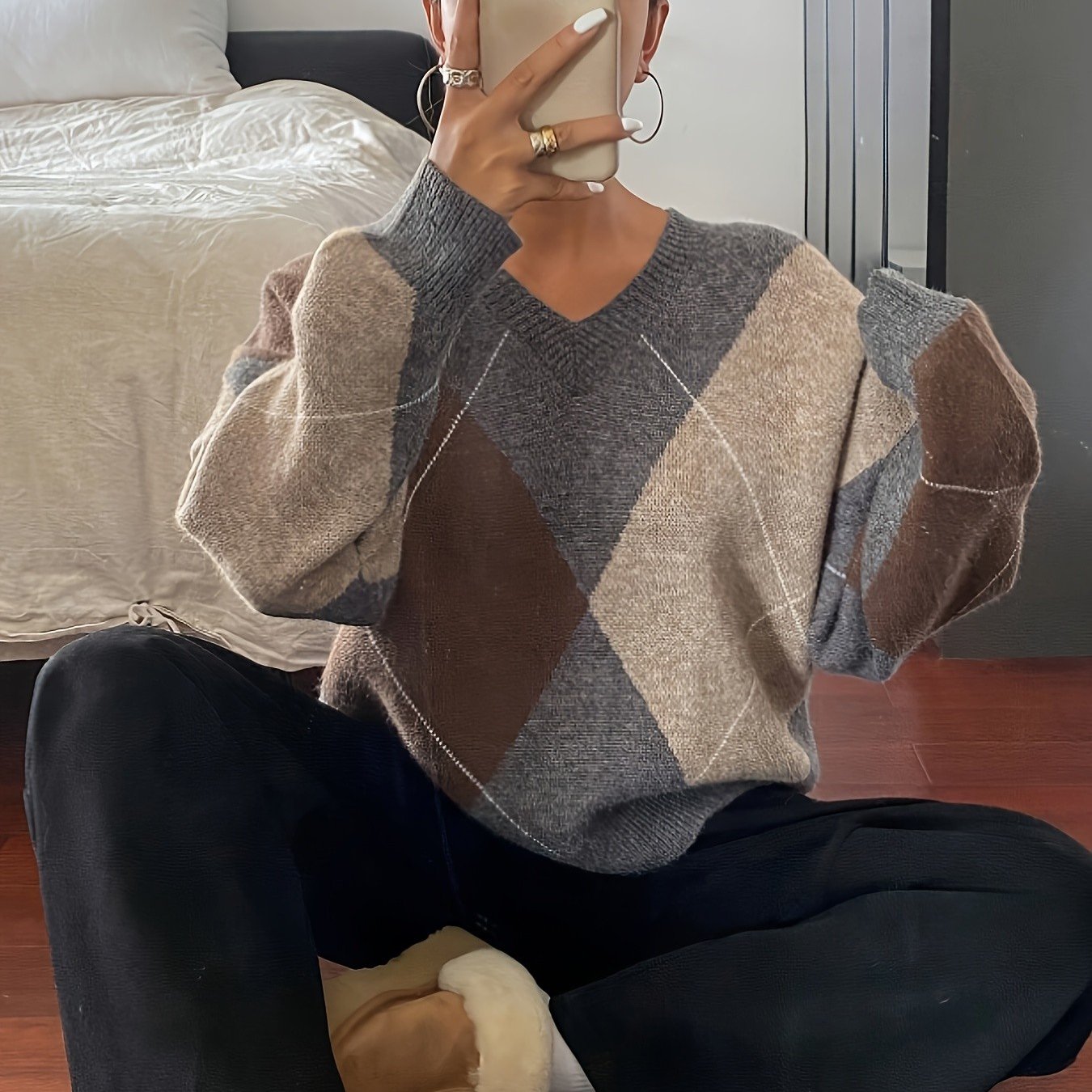 TEMU Elegancki Sweter z Dekoltem w Serek - Zimowa Bluzka w Kolorowe Bloki z Kołnierzem w Kształcie V, Długi Rękaw, Sweter na Jesień/Zimę do Biura,