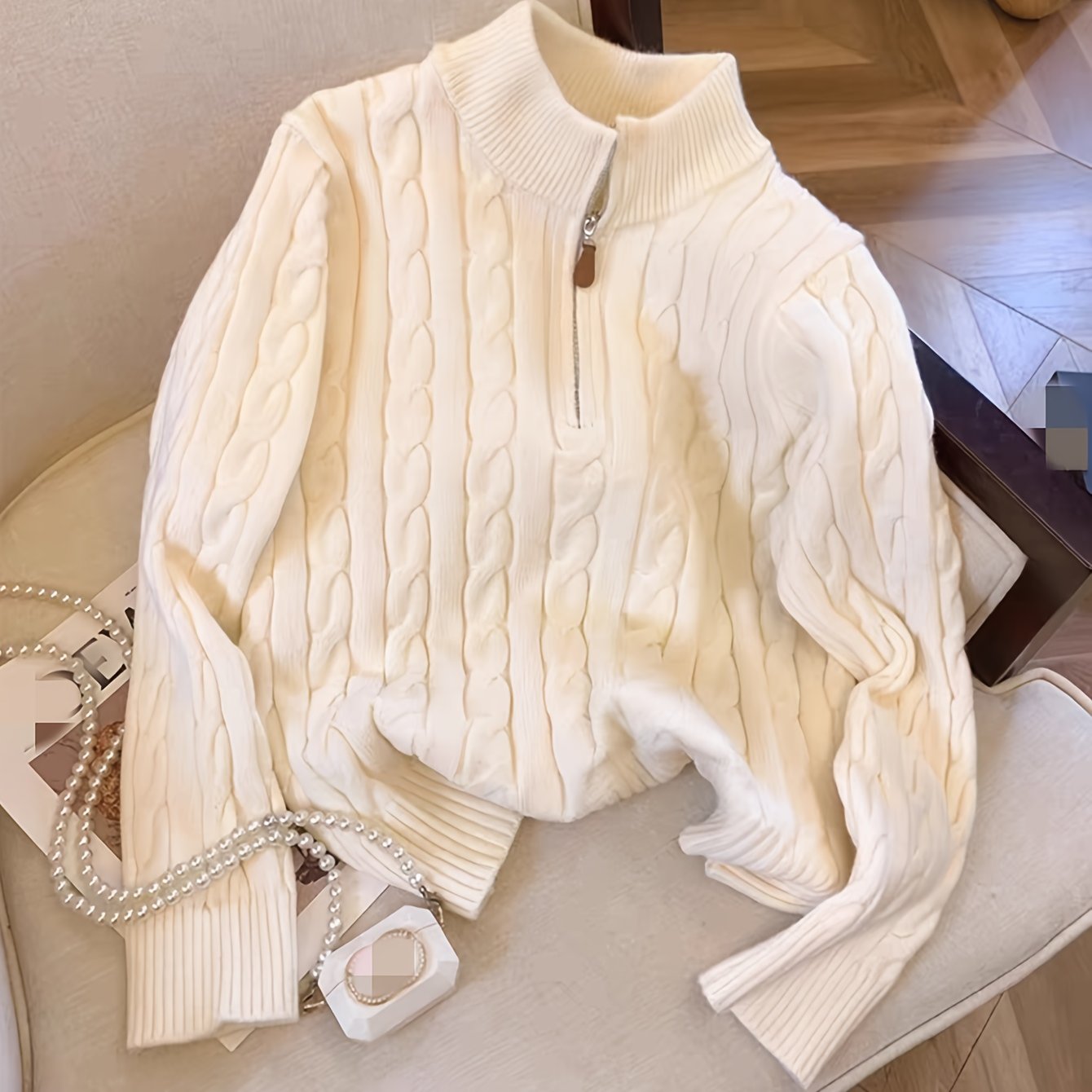 TEMU Elegancki Damski Sweter-Płaszcz z Pełnym Zamkiem - Biała Kurtka na Jesień i Zimę, Stójka oraz Długa Sukienna Bluza w Kolorze Jednolitym do