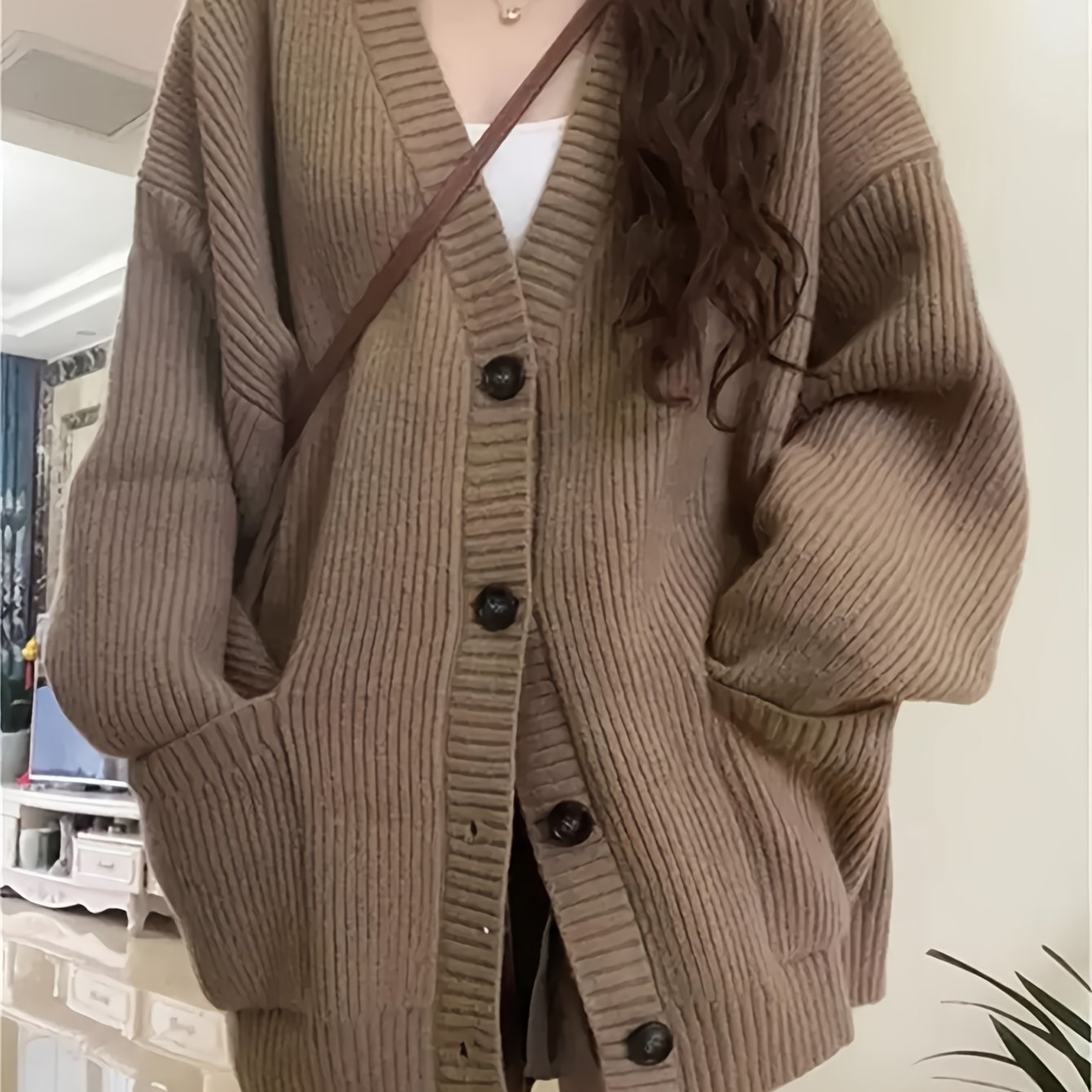 TEMU Sweter-kardigan z dekiem V-Neck dla kobiet, jednoetuirowy z podwójnymi kieszeniami na jesień i zimę