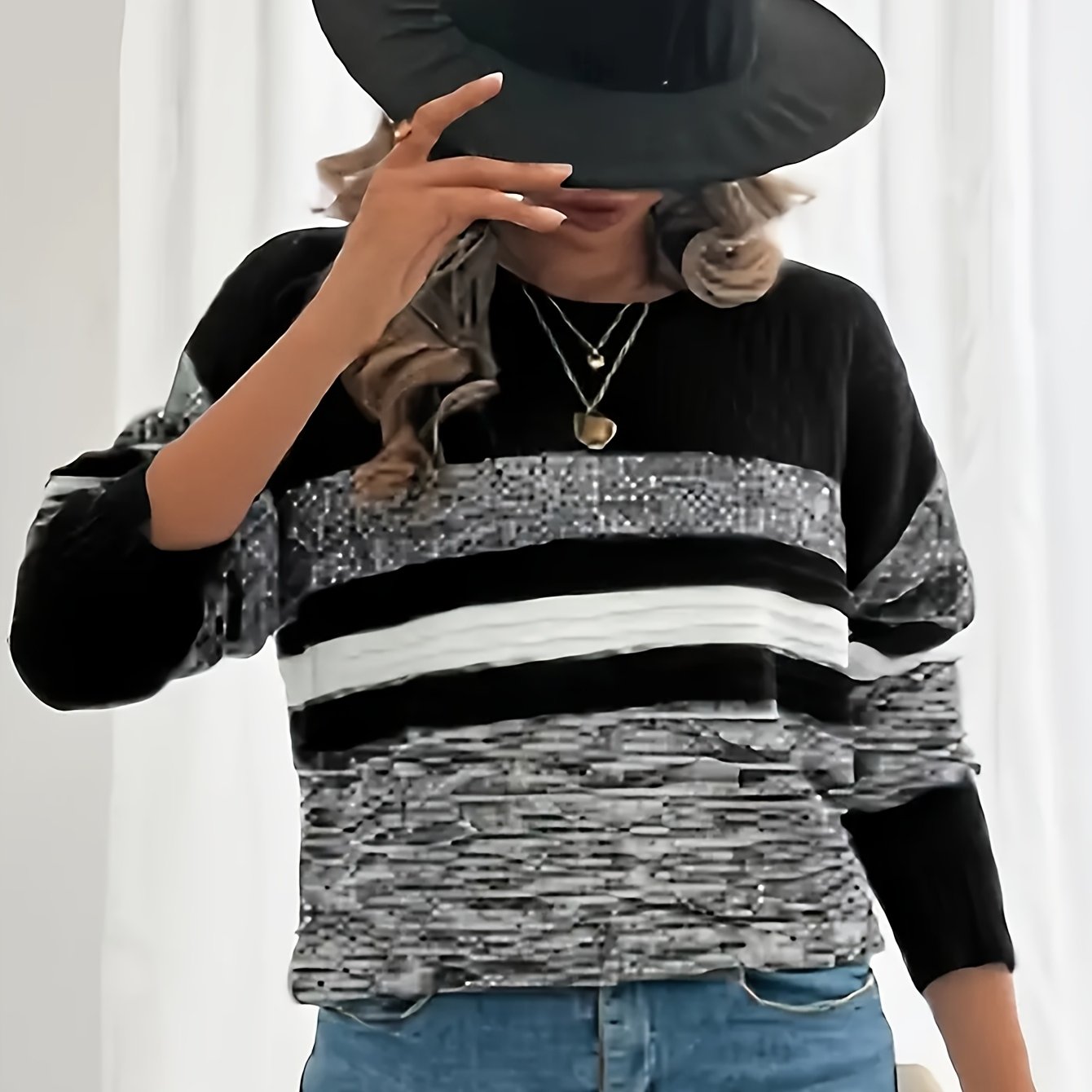 TEMU Sweter Damski Czarny/Biały/Szary/Niebieski – Elegancki Pullover z Okrągłym Dekoltem, Średnio Elastyczny na Jesień/Zimę, Do Prania w Praniu