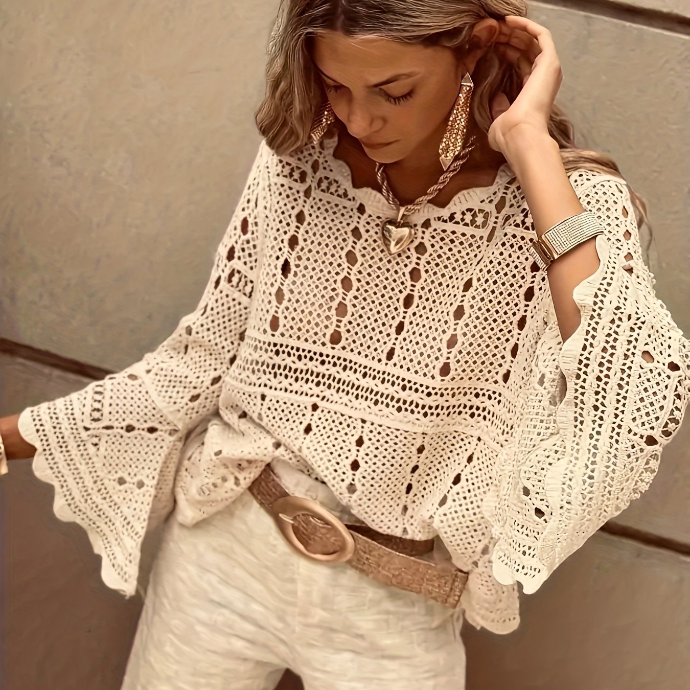 TEMU Damska Bluzka w Stylu Boho z Koronką - Półprzezroczysta, Falbankowe Rękawy Okrągły Dekolt Top o Kształcie A-Line i Silhouette, Beżowo-Biała