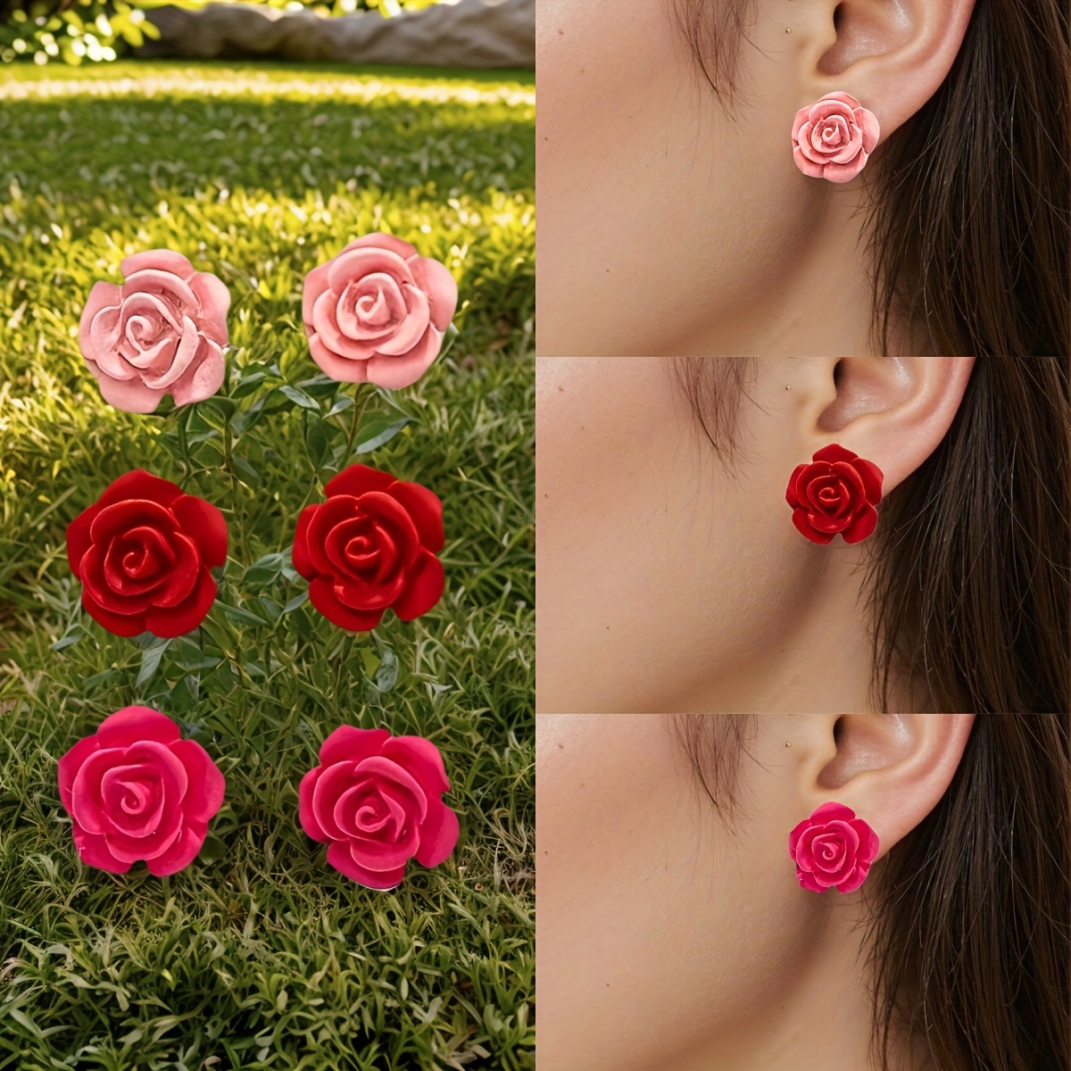 TEMU Trzy pary damskich modnych naszyjników w zestawie Czerwony/Różowy Gradient Zestaw małych naszyjników z kwiatami Modne, urocze, ożywione, proste,