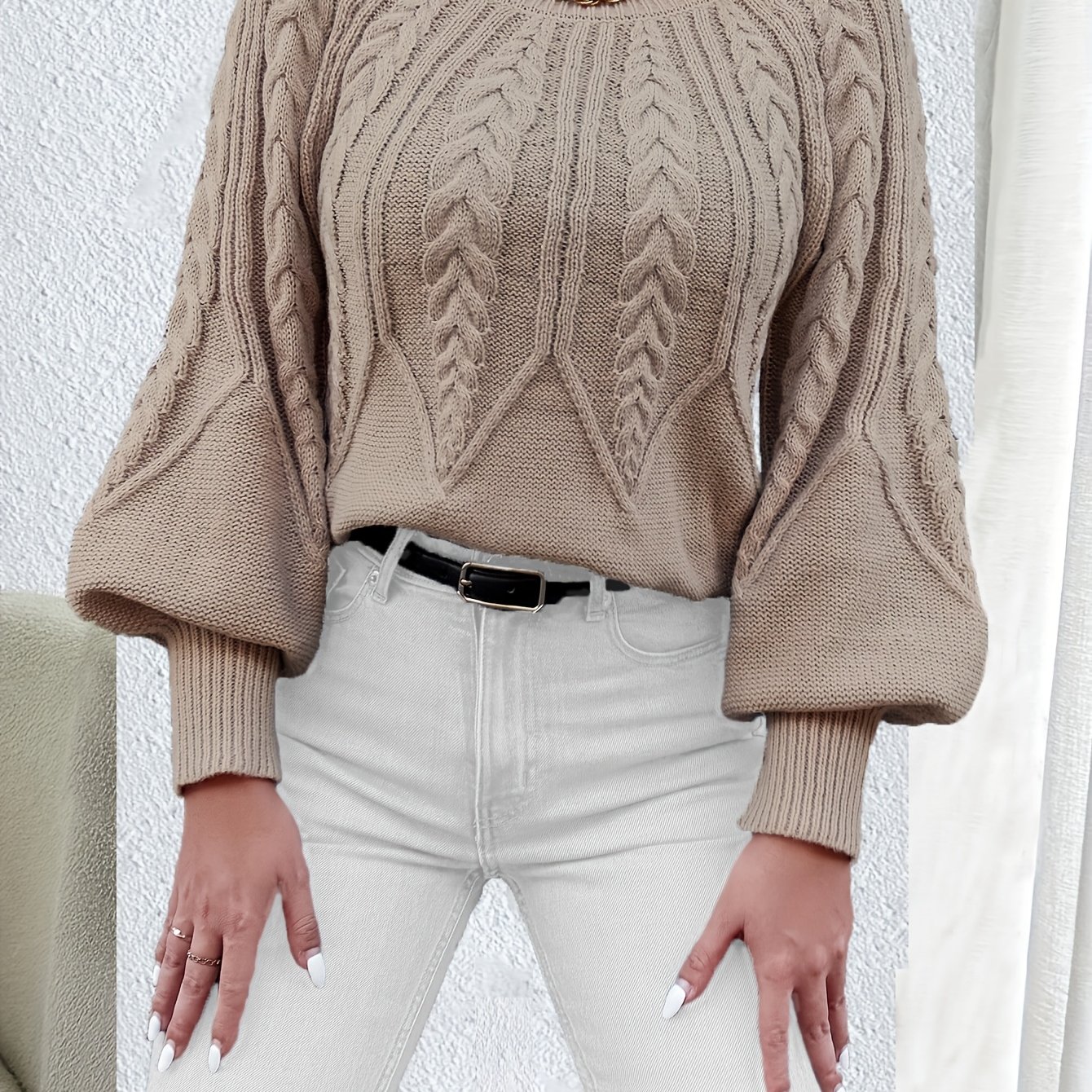 TEMU Damski Przytulny Sweter z Latarniowymi Rękawami - Beżowy Kardigan Cable, Casualowy z Okrągłym Dekoltem, Długie Rękawy, Idealny na Jesień/Zimę,