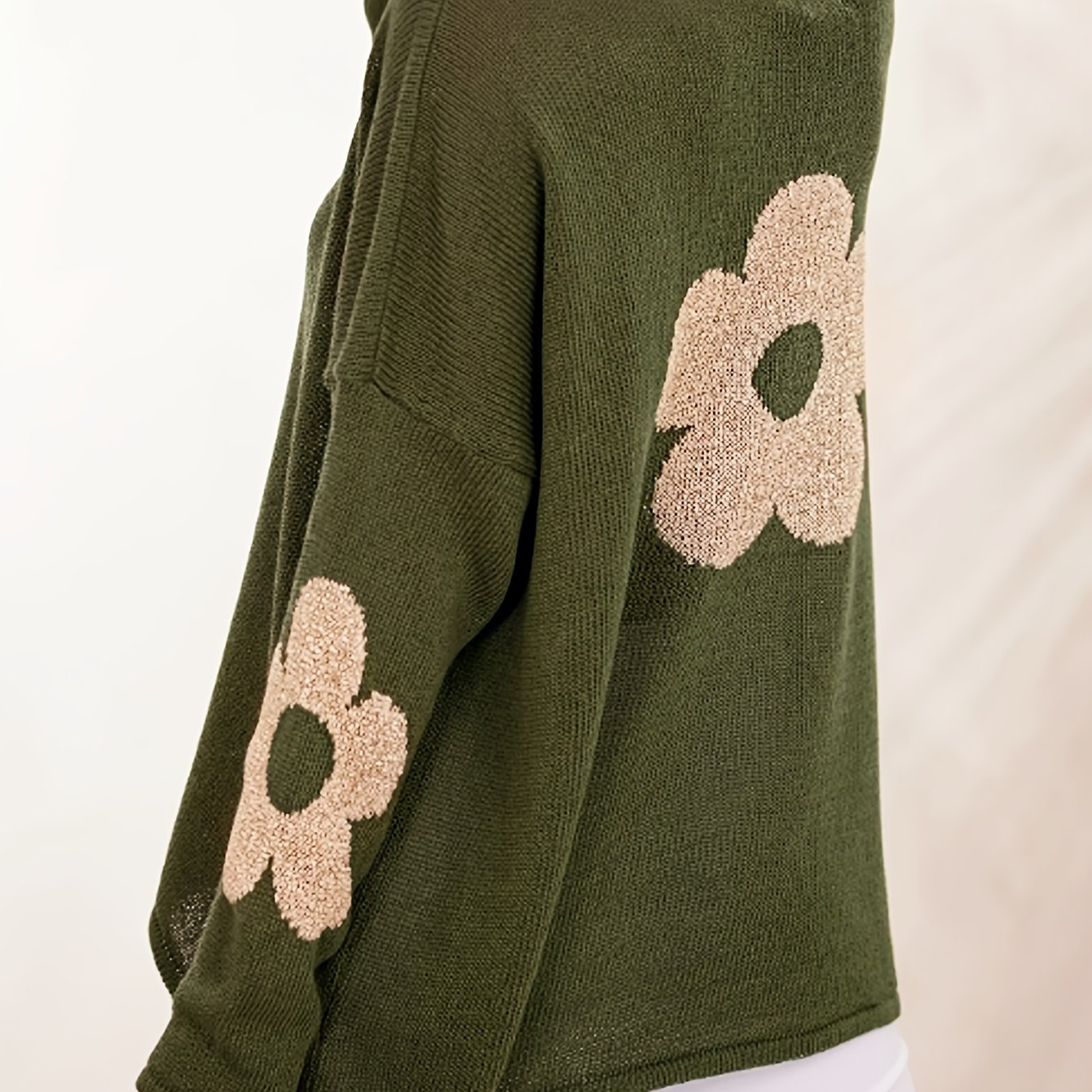 TEMU Elegancki damski kardigan z odkrytymi ramionami i długim rękawem - Geometryczny kwiatowy wzór, luźny swetkrój z okrągłym dekoltem, idealny na