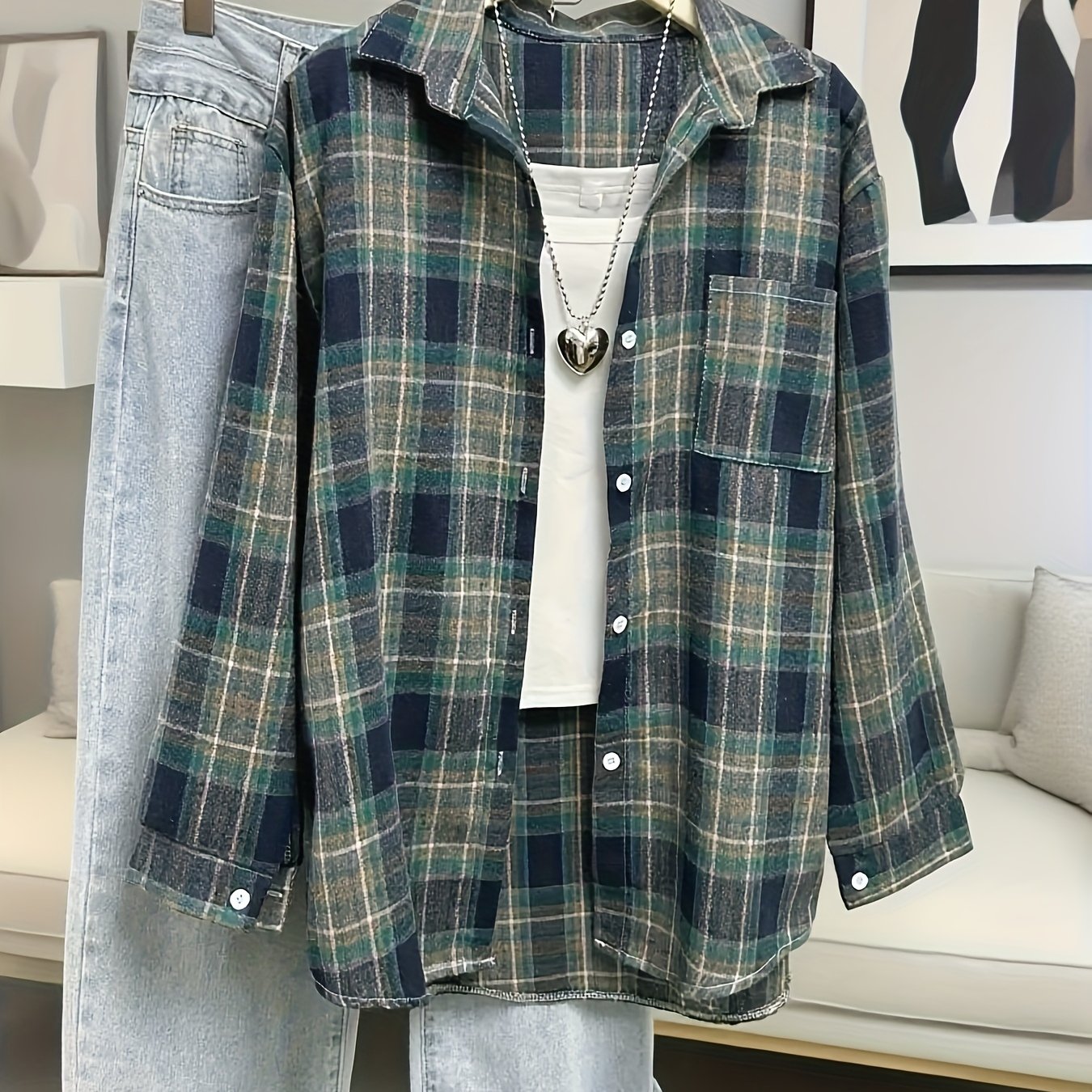 TEMU Damska kurtka w kratę - Luźny krój, bluzer z długim rękawem zapinany na guziki, materiał nierozciągliwy, falbanka dla krótkich kobiet, elegancka