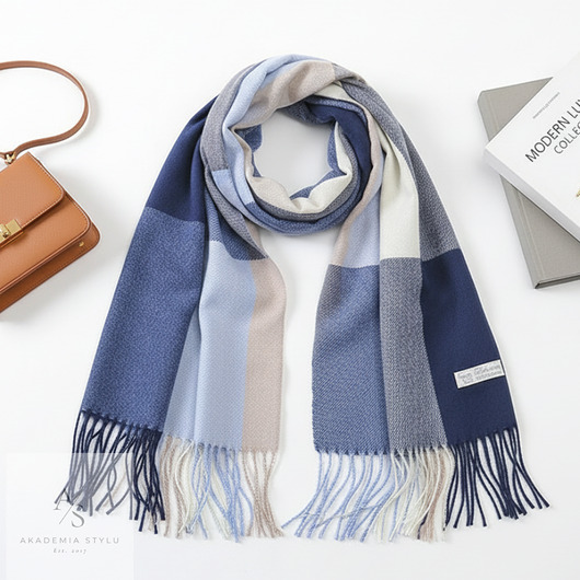 Szalik Damski kaszmirowy w kratkę niebieski beżowy szal prezent