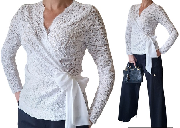 Elegancka bluzka z koronki ecru z kokardą roz 34-56