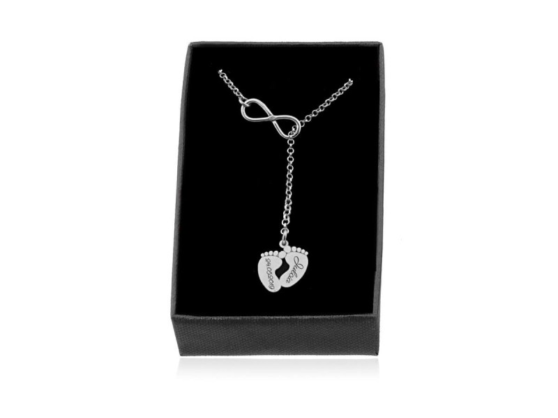 Srebrny naszyjnik przekładany Nieskończoność i Stópki - grawer