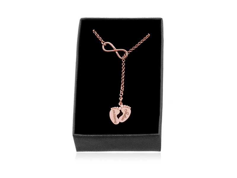 Srebrny naszyjnik przekładany Nieskończoność i Stópki - Rose Gold - grawer