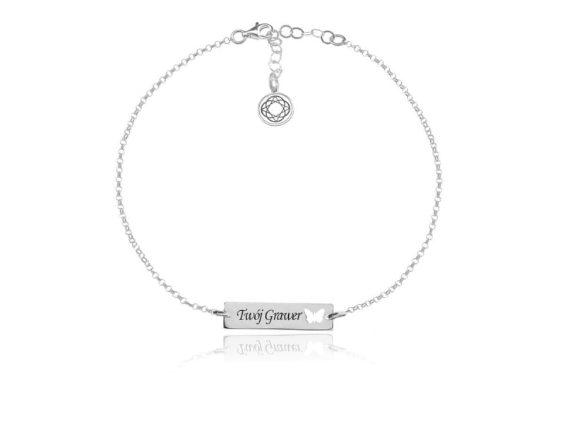 Srebrna bransoletka Mela Fly z prostokatną blaszką i Motylem - grawer