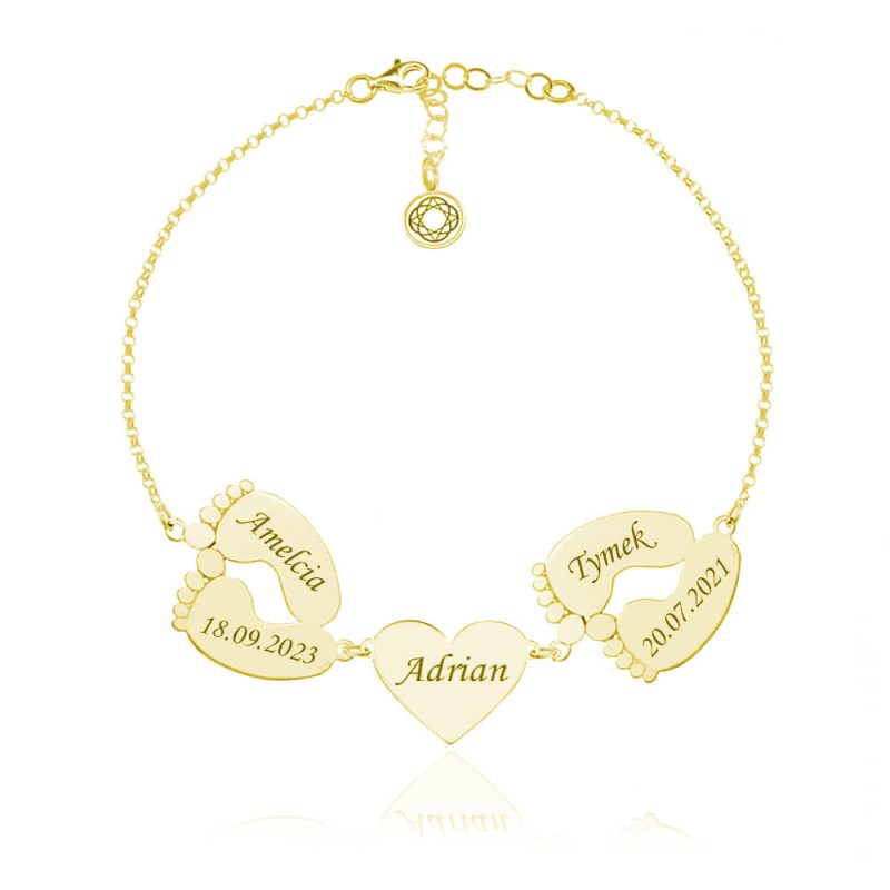 Srebrna bransoletka Stópki i Serce dla Mamy grawer - 24k złocenie