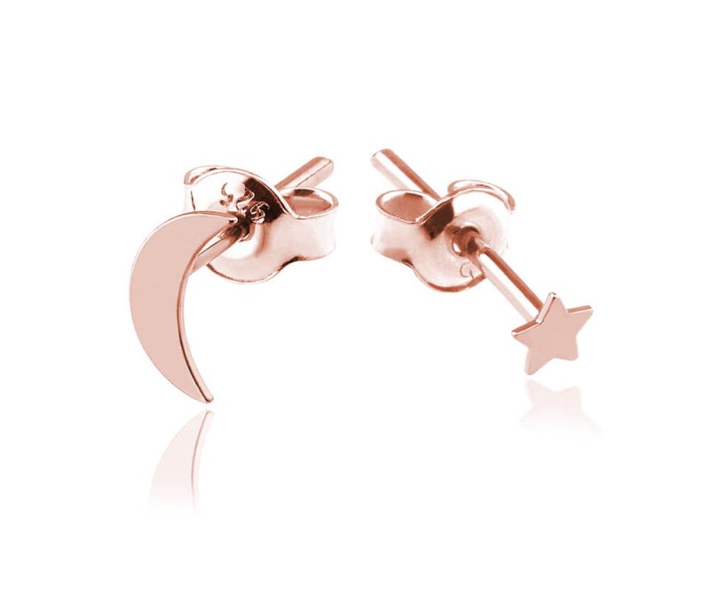 Kolczyki srebrne Księżyc i gwiazdka mini - rose gold