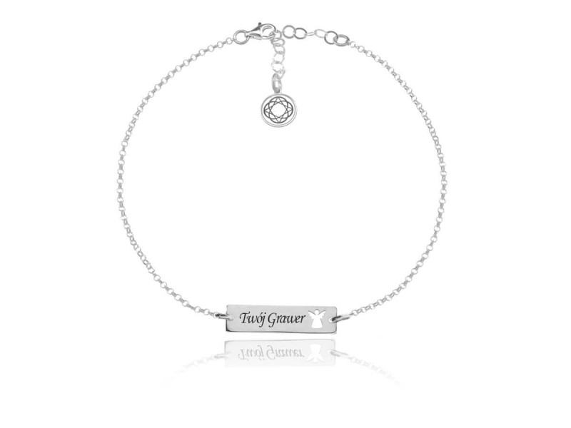 Srebrna bransoletka Mela z prostokatną blaszką i Aniołkiem - grawer