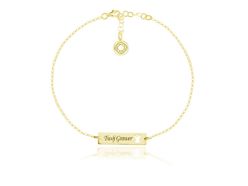 Srebrna bransoletka Mela z prostokatną blaszką i Aniołkiem - grawer - 24k złocenie