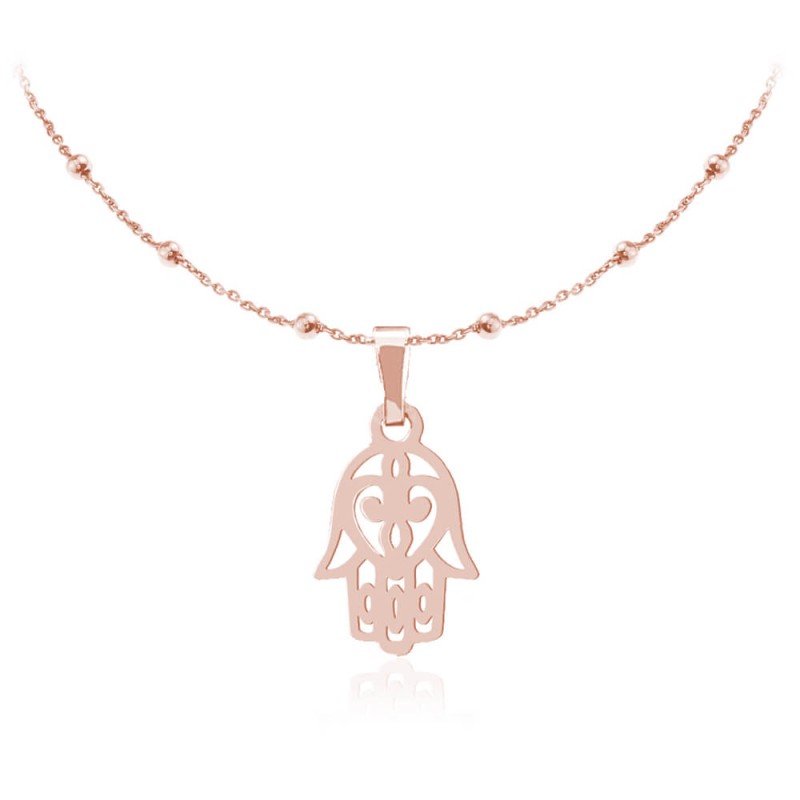 Naszyjnik Ręka Fatimy - Hamsa - łańcuszek kulki - rose gold