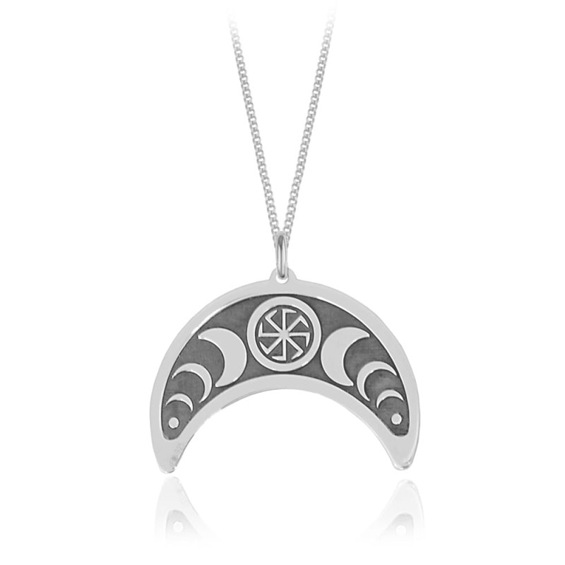 Srebrny naszyjnik Mira II - księżyc Lunula i Kołowrót - grawer